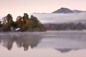 Boathouse Prints: Boathouse on a misty Derwent Water, Lake District National Park, Cumbria, England