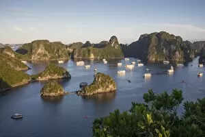 Boats anchored at Ti Top surrounded by karst mountains, Halong Bay, Quang Ninh Province