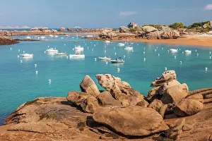 Cotes Darmor Prints: Boats in the bay of Greve Blanche in Tregastel, Cotes-d'Armor, Brittany, France