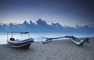 Ceylon Prints: Boats on beach at sunset, Negombo, North Western Province, Sri Lanka