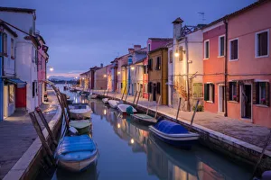 Multicolored Prints: The boats of Burano at dusk, Burano, Venice, Veneto, Italy