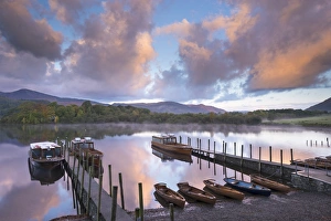 Keswick Prints: Boats on Derwent Water at sunrise, Keswick, Lake District, Cumbria, England. Autumn