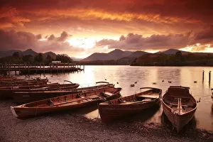Peace Gallery: Boats on Derwent Water at Sunset, Keswick, Lake District National Park, Cumbria, England