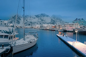 Henningsvaer Prints: Boats in the Henningsvaer little harbor in Lofoten islands, Lofoten islands, Norway