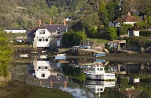 South Hams Prints: Boats and houses beside the River Yealm in the picturesque South Hams village of Newton