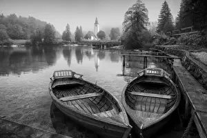 Monotone Prints: Boats on Lake Bohinj, Triglav National Park, Slovenia
