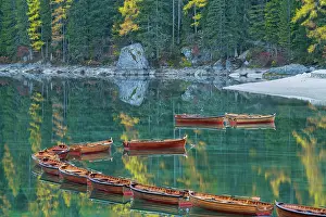 Lago Di Braies Prints: Boats on Lake Braies (Pragser Wildsee), Dolomites, South Tyrol, Italy