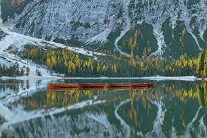 Lago Di Braies Prints: Boats on Lake Braies (Pragser Wildsee), Dolomites, South Tyrol, Italy