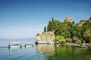 Orthodox Church Prints: Boats on Lake Ohrid and the church of St John at Kaneo beyond