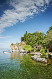 Orthodox Church Prints: Boats on Lake Ohrid and the church of St John at Kaneo beyond