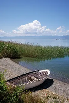 Macedonia Prints: Boats on Lake Ohrid and the church of St John at Kaneo beyond