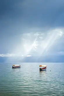 Macedonia Prints: Boats on Lake Ohrid, Ohrid, North Macedonia