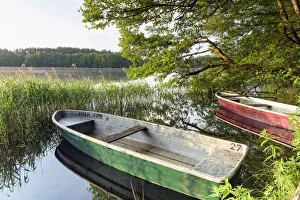 East Germany Prints: Boats at lake Pagel, National Park Mueritz, Mecklenburg-western pomerania, Germany