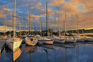 East Prints: Boats in marina at sunset St. Henri de Taillon Quebec, Canada