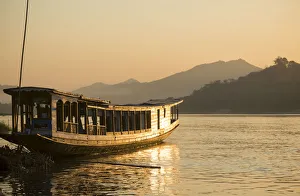 Laotian Prints: Boats on Mekong River, Luang Prabang, Laos, Indochina, Asia