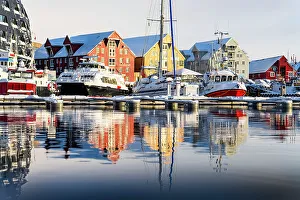 Nautical Vessel Prints: Boats moored in the harbor at dawn, Tromso, Norway