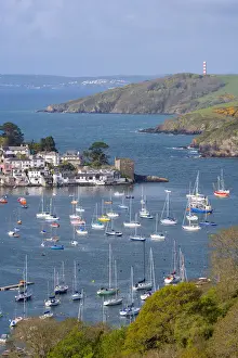 Boats moored in the sheltered waters of Fowey Estuary near Polruan, Cornwall, England