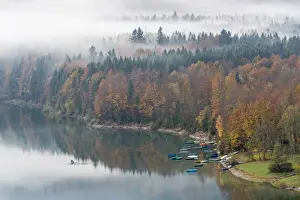 Boats on the shores of Sylvenstein Lake. Bad Tolz-Wolfratshausen district, Bavaria, Germany
