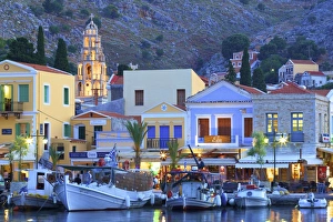 Boats In Symi Harbour At Dusk, Symi, Dodecanese, Greek Islands, Greece, Europe