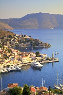 Aegean Sea Prints: Boats In Symi Harbour From Elevated Angle, Symi, Dodecanese, Greek Islands, Greece