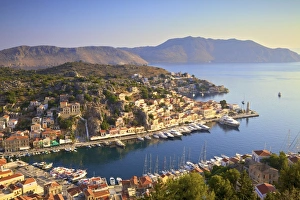 Boats In Symi Harbour From Elevated Angle, Symi, Dodecanese, Greek Islands, Greece