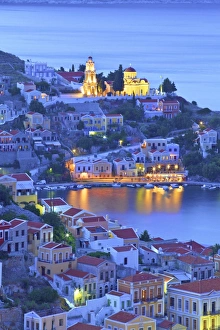 Boats In Symi Harbour From Elevated Angle At Dusk, Symi, Dodecanese, Greek Islands