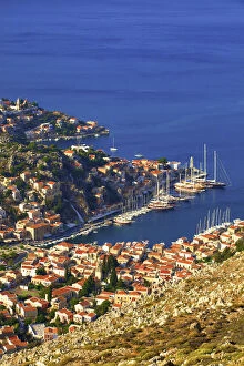 Boats In Symi Harbour From Elevated Angle, Symi, Dodecanese, Greek Islands, Greece