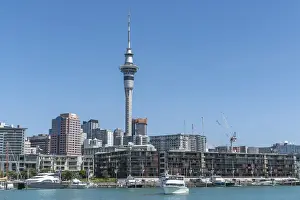 Boats in Viaduct Basin and Auckland Central Business District in the background. Auckland City, Auckland region