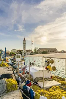 Boats in Zante Town and the Church of Agios Dionysios and Strofades Monastery in the background, , Zakynthos, Zante, Ionian Islands, Greece