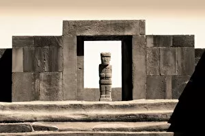 Images Dated 10th December 2012: Bolivia, Tiahuanaco Ruins, Ponce Monolith Statue, Temple Gateway, Kalasasya Courtyard
