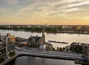 Bonapartedok and River Scheldt at sunset, elevated view, Antwerp, Belgium