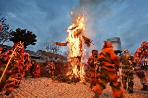 Bonfire made by the Caretos to celebrate the Winter Solstice. Salsas, Tras-os-Montes