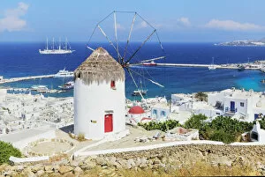 Bonis Windmill overlloking Mykonos Town, Mykonos, Cyclades Islands, Greece