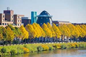 Maastricht Prints: Bonnefanten Museum on the Ms River in autumn, Wyck, Mstricht, Netherlands