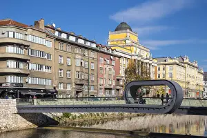 Bosnia and Herzegovina, Sarajevo, Buildings on the banks of the Miljacka River