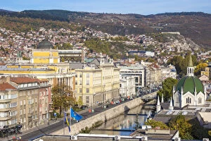 Bosnia and Herzegovina, Sarajevo, City View looking over the Miljacka River to the