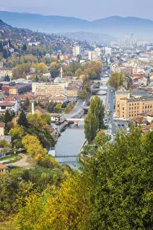 Bosnia and Herzegovina, Sarajevo, View of city and Miljacka River