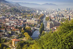 Bosnia and Herzegovina, Sarajevo, View of city and Miljacka River