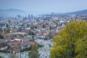 Bosnia and Herzegovina, Sarajevo, View over Kovaci War Memorial and Cemetery to the City