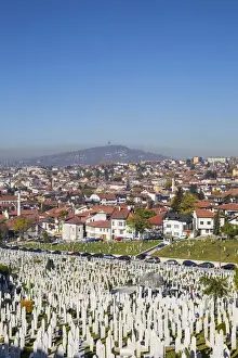 Bosnia and Herzegovina, Sarajevo, View over Kovaci War Memorial and Cemetery to the City