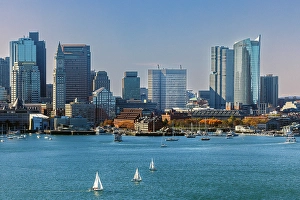 Blue Hour Prints: Boston skyline and sailing boats, Boston, Massachusetts, USA