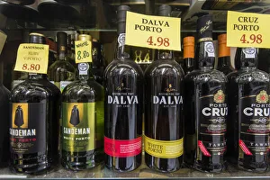 Port Wine Prints: Bottles of Porto wine on sale in a grocery store, Porto, Portugal