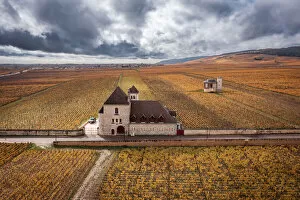 Images Dated 25th May 2022: Bourgogne wine region (Burgundy), France, Europe. Autumn landscape, vineyards and Castle from above