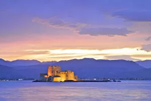 Images Dated 17th May 2018: Bourtzi Castle at Dusk, Nafplio, Argolis, The Peloponnese, Greece, Southern Europe