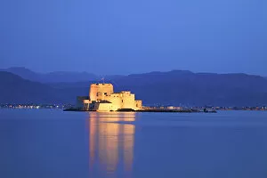 Images Dated 20th July 2018: Bourtzi Castle at Dusk, Nafplio, Argolis, The Peloponnese, Greece, Southern Europe