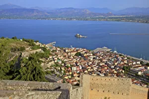 Images Dated 20th July 2018: Bourtzi Castle and Nafplio Old Town from Palamidi Castle, Nafplio, Argolis, The