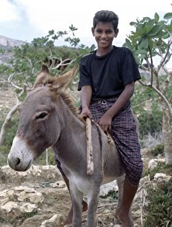 Socotra Island Collection: A boy rides home after school on a donkey in the Homhil Mountains