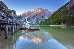 Mountainscapes Prints: Braies lake in autumn at sunrise