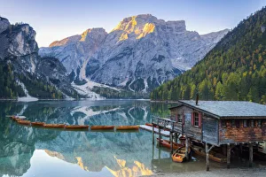Braies lake at sunrise in autumn season Europe, Italy, South Tyrol, Braies valley