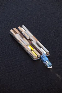 Black River Prints: Brazil, Amazonas, container barge and tug on the Rio Negro in Manaus in the Brazilian